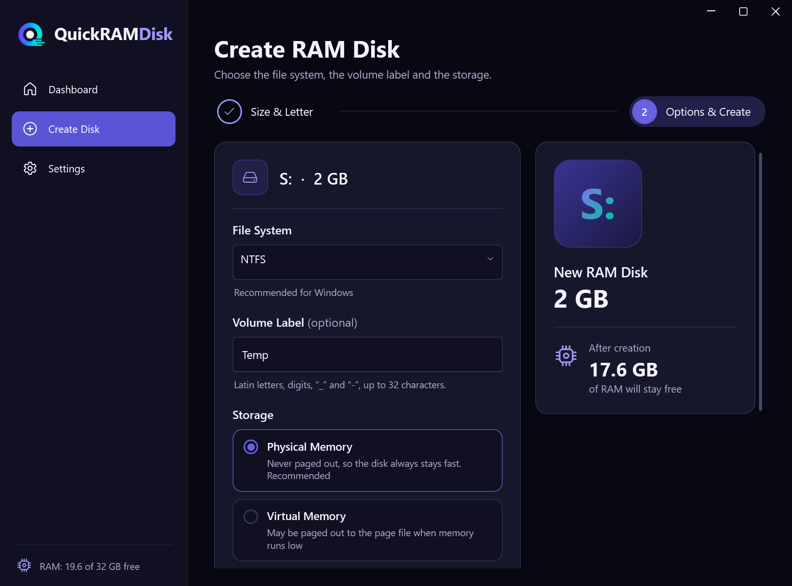 Wizard step two: file system, volume label and storage type