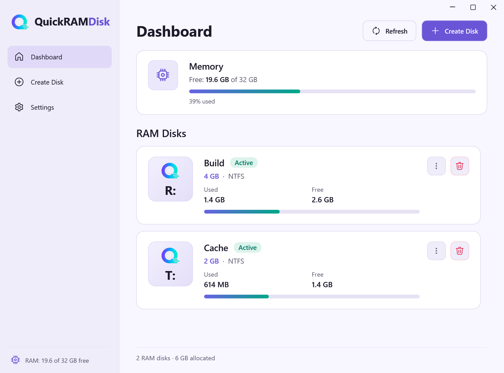 QuickRAMDisk dashboard in the light theme
