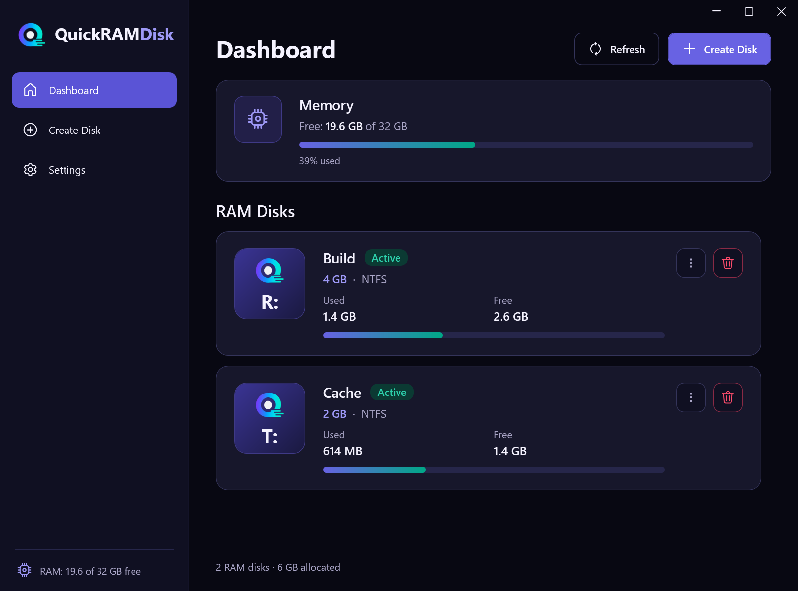 QuickRAMDisk dashboard: free memory and two RAM disks