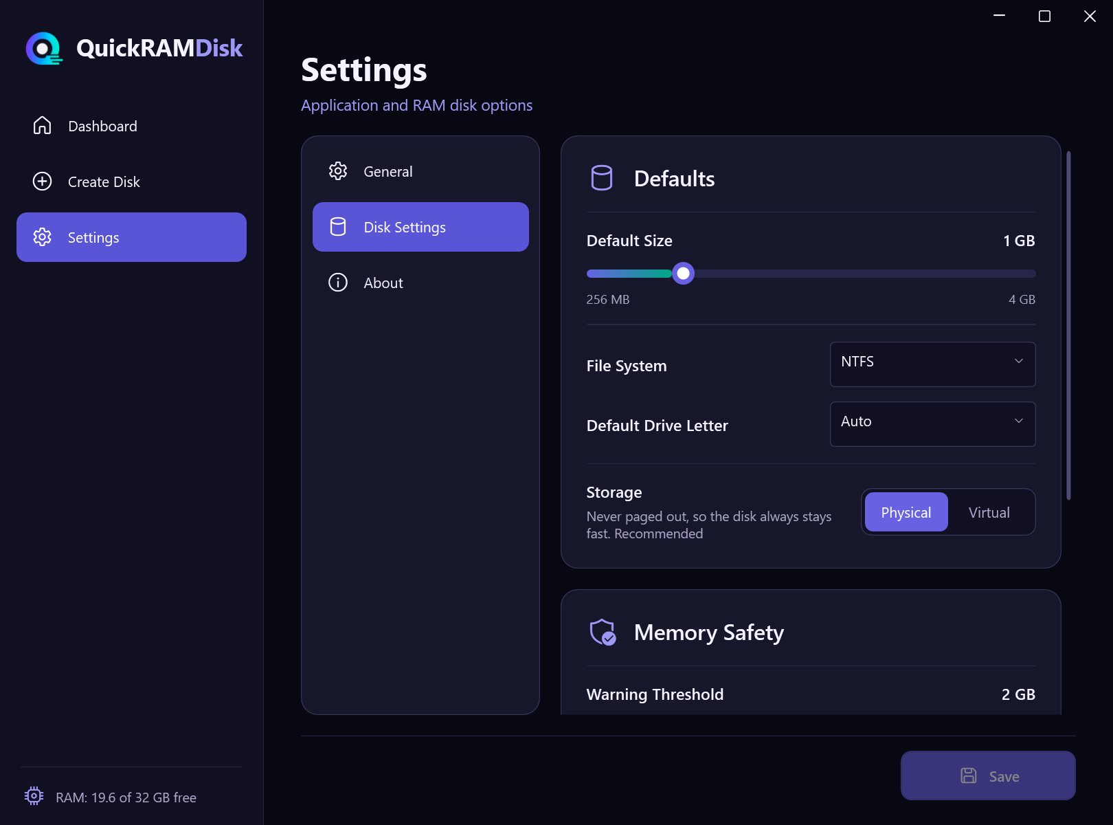 Disk settings: default size, file system, drive letter and storage